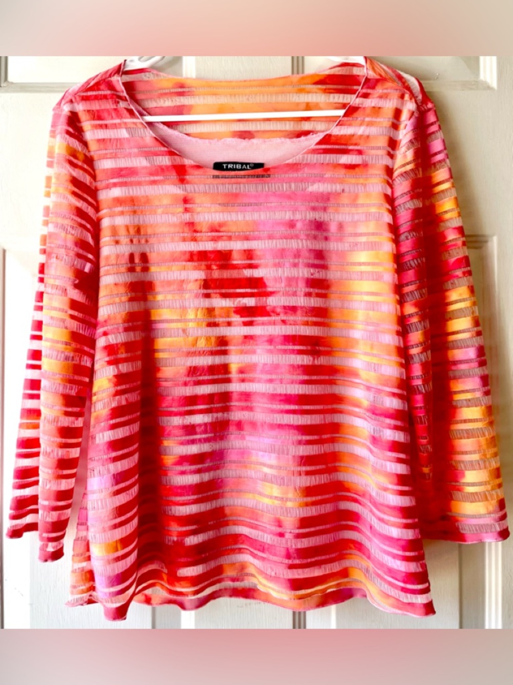 Tribal Pink Orange Red Sheer Stripe Color Splash Mesh Layer Lined Knit Top Large